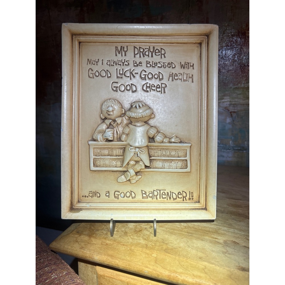 Vintage 1965 Paula USA My Prayer Good Bartender Resin Wall Plaque 3D Bar Decor